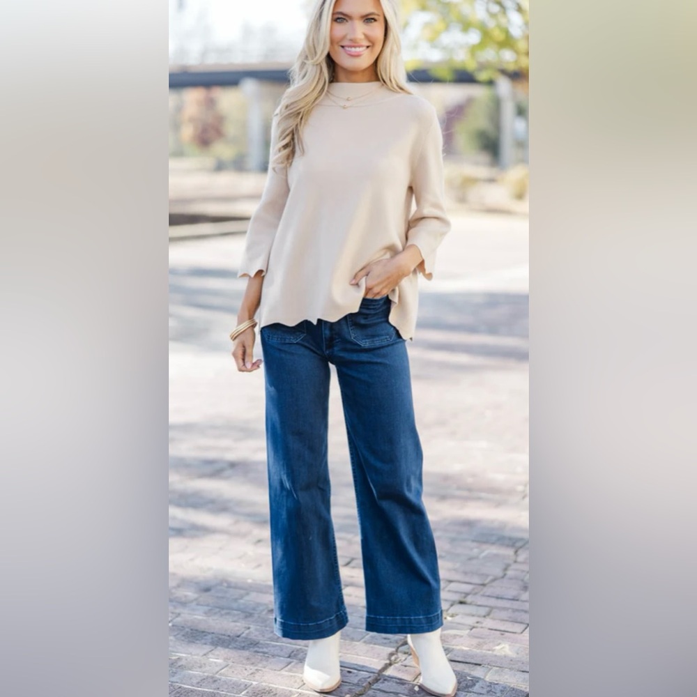 Mint Julep Boutique Tan Scalloped Hem Mock Neck Knit Sweater NWT Small - Picture 4 of 14